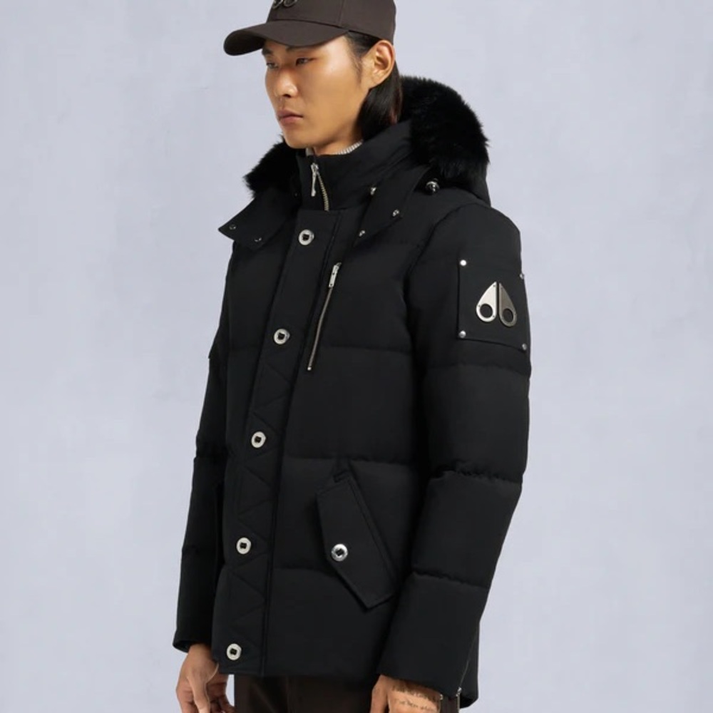 Moose Knuckles Black Puffer Jacket with Fur Trim
